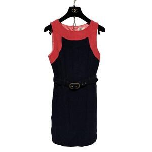 Milly Dress Womens 4 Navy Coral Colorblock Belted Sleeveless Wool Made in USA